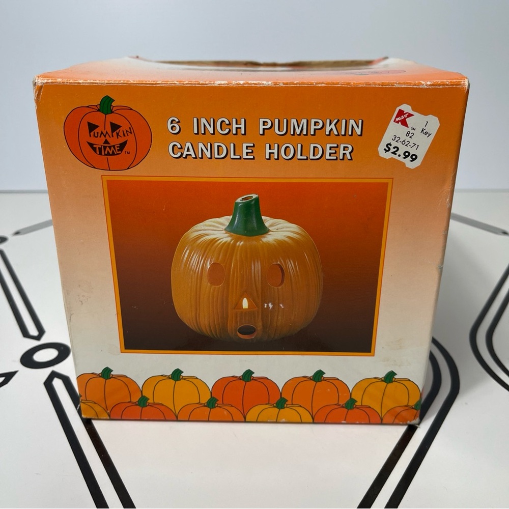 Vintage Pumpkin Time 6" Ceramic Jack O Lantern Candle Holder Orange Green Box - Picture 9 of 10